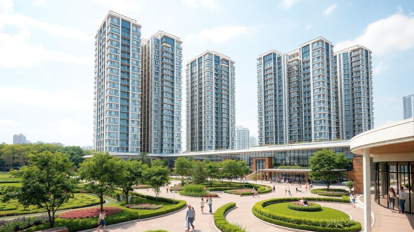 Modern high-rise apartments and gardens in Vinhomes Smart City.