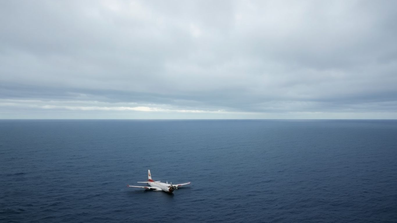 Ocean with floating debris, hinting at missing flight.