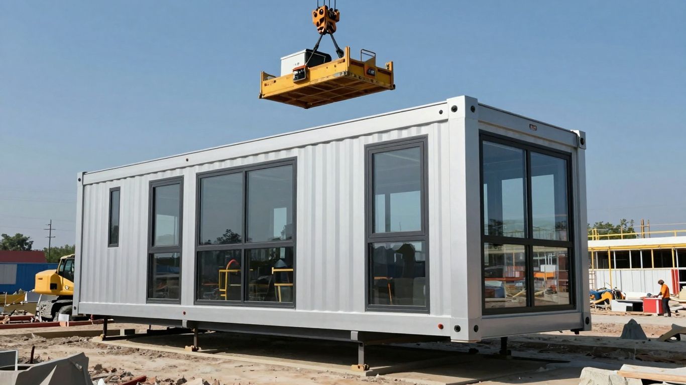 Modular building section lifted by crane on construction site.