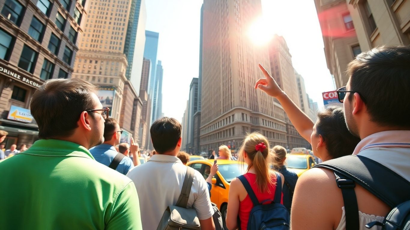 Tourists marveling at NYC skyscrapers with a guide.