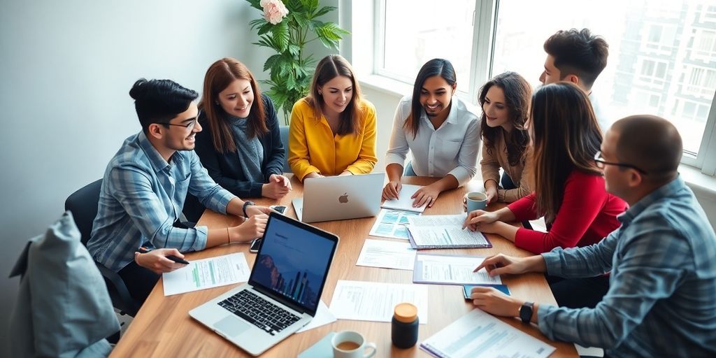 Group of entrepreneurs planning startup costs at a table.