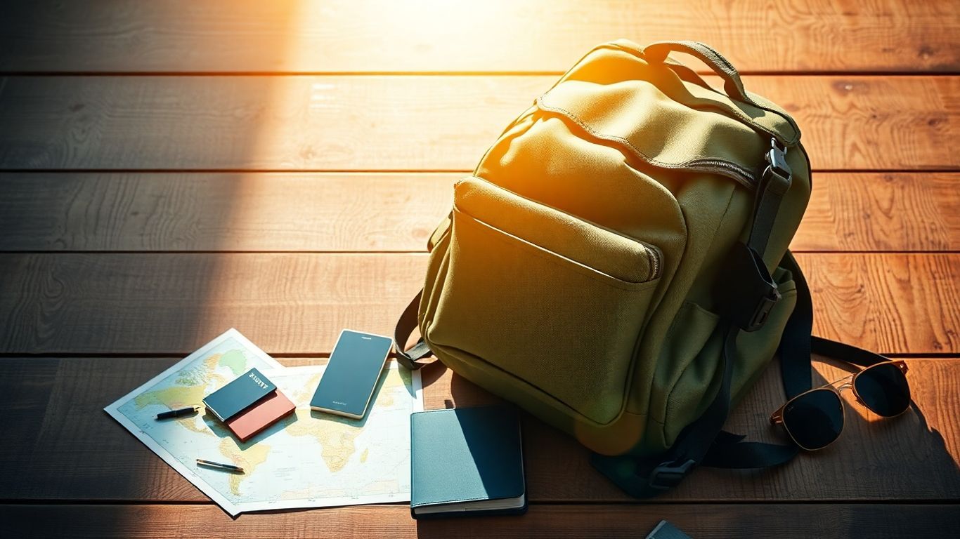 Travel essentials laid out for an adventure.