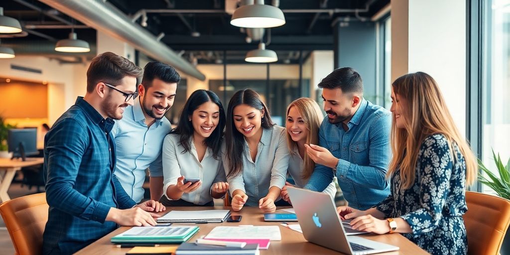 Team collaborating in a modern office setting.