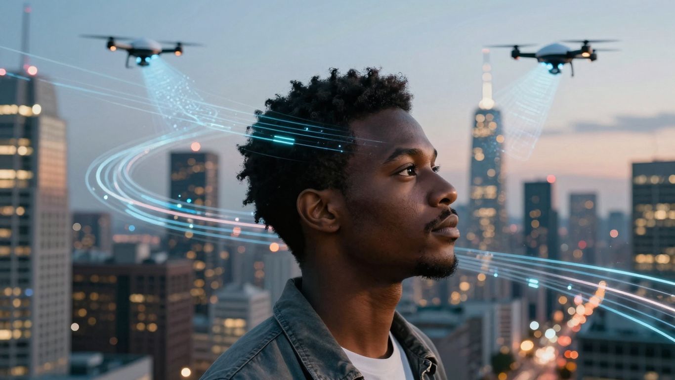 Futuristic cityscape with glowing data streams and drones.