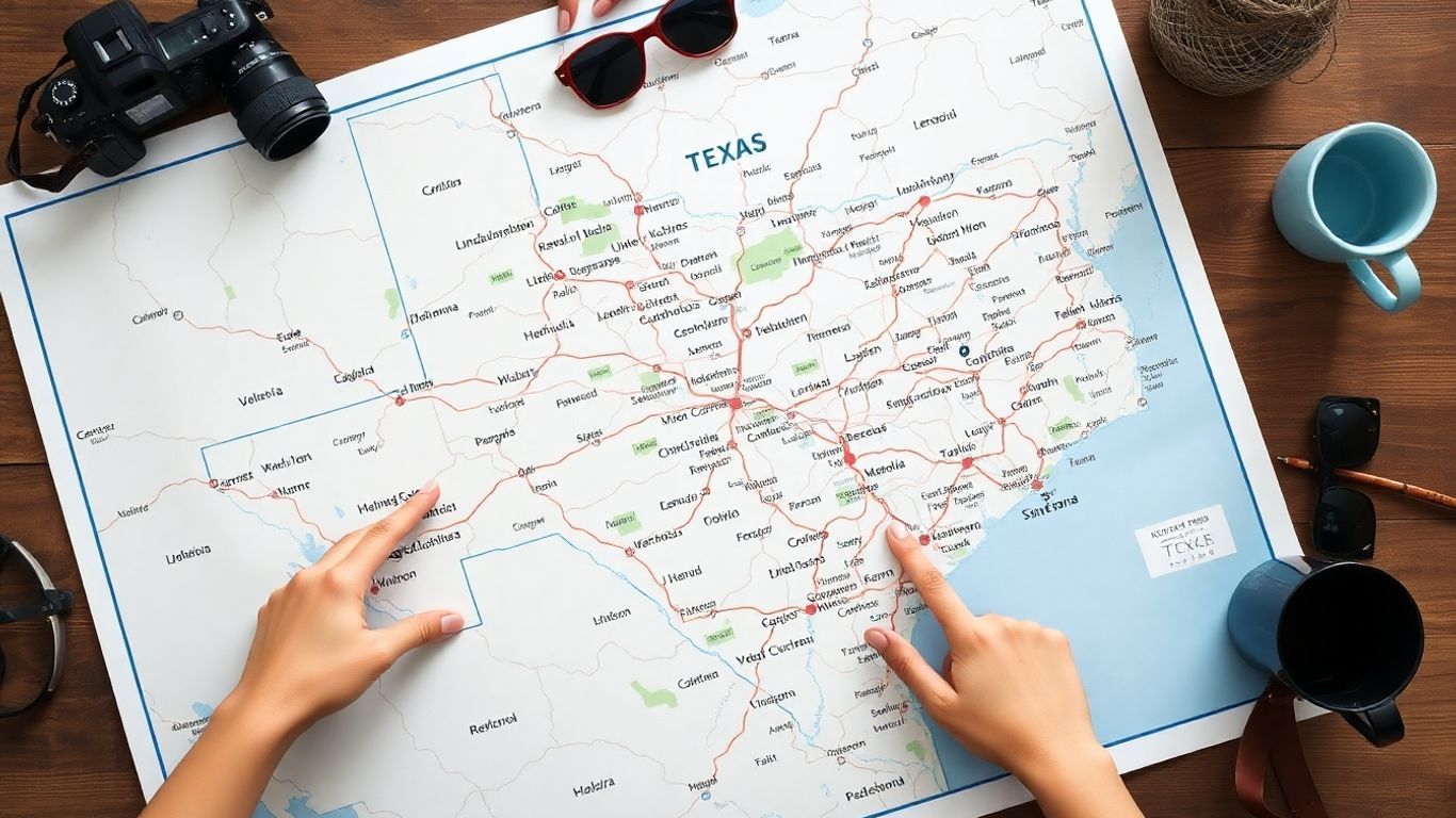 Texas map with hands pointing at towns and cities