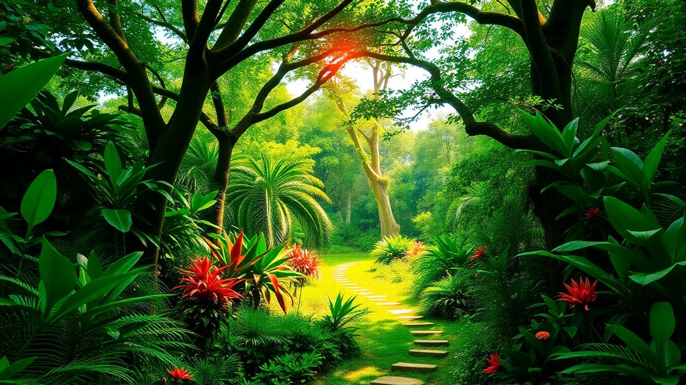 Lush Malaysia Botanical Garden with winding path and colorful flowers.