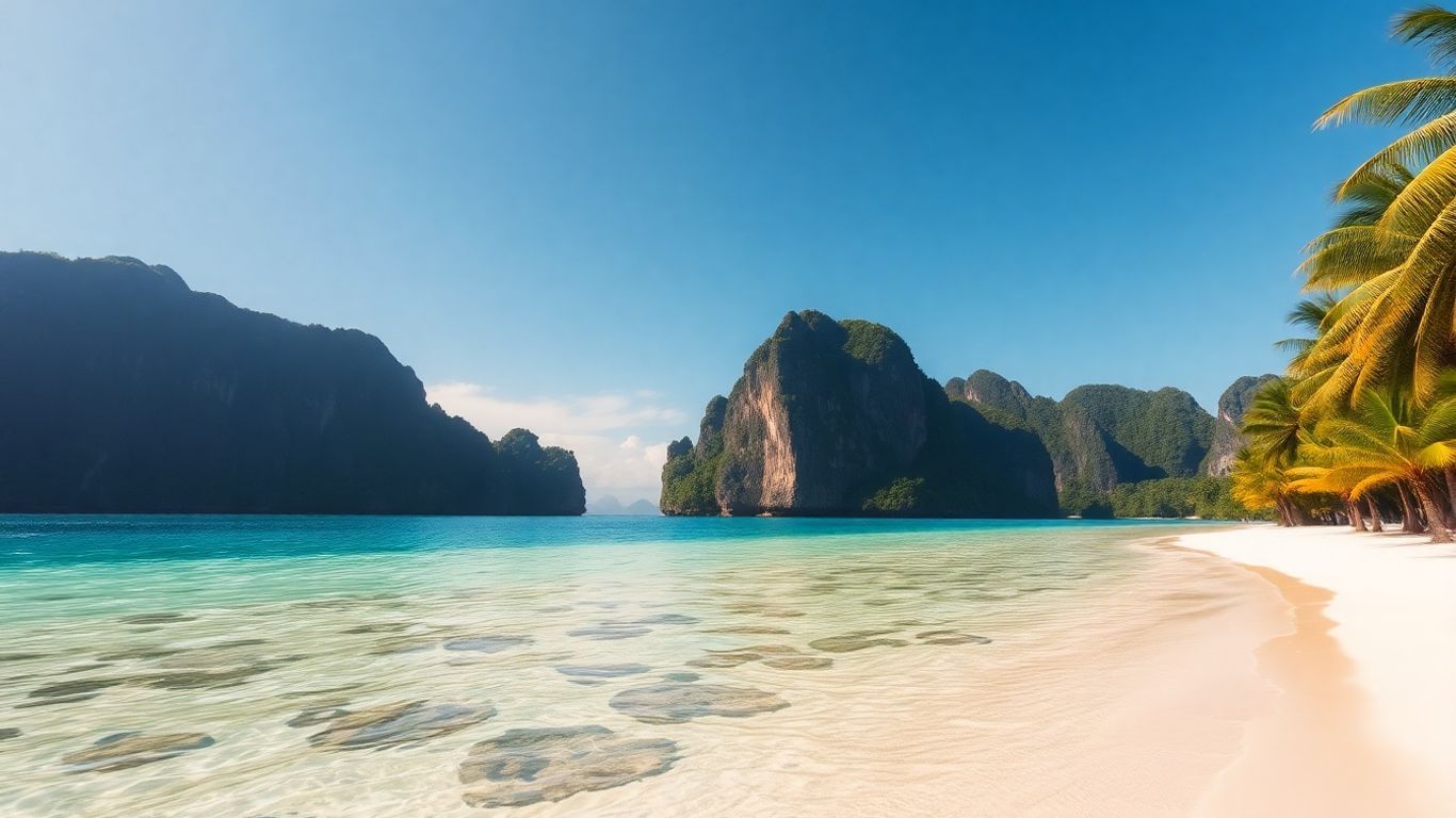 Pristine beach with clear water and palm trees.