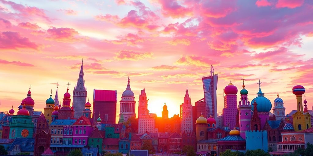 Vibrant city skyline with imaginative architecture at sunset.