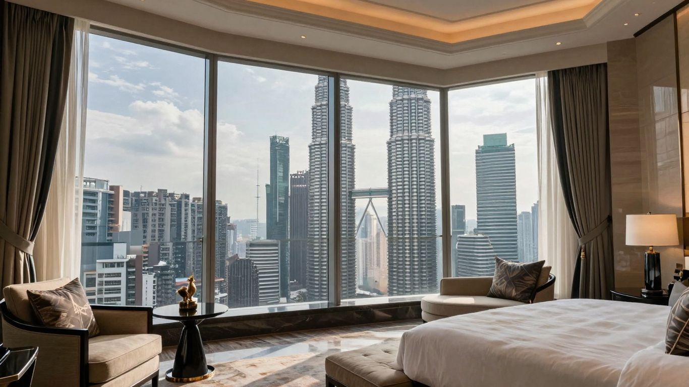 Hotel room with view of Twin Towers, Kuala Lumpur.