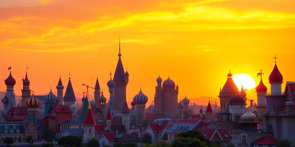 Colorful skyline of a fantasy city at sunset.