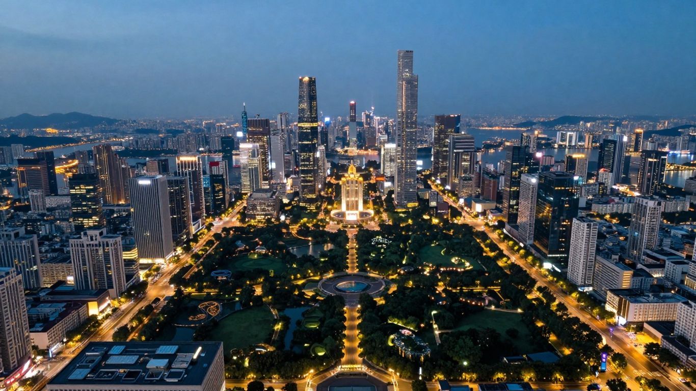 Vibrant city skyline at dusk with illuminated skyscrapers and roads.