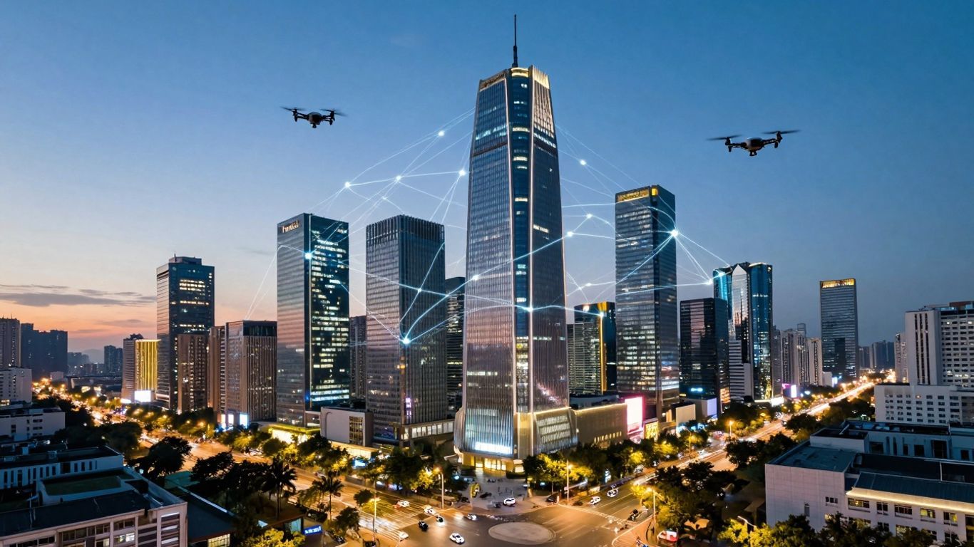 Futuristic cityscape with glowing lines and drones.