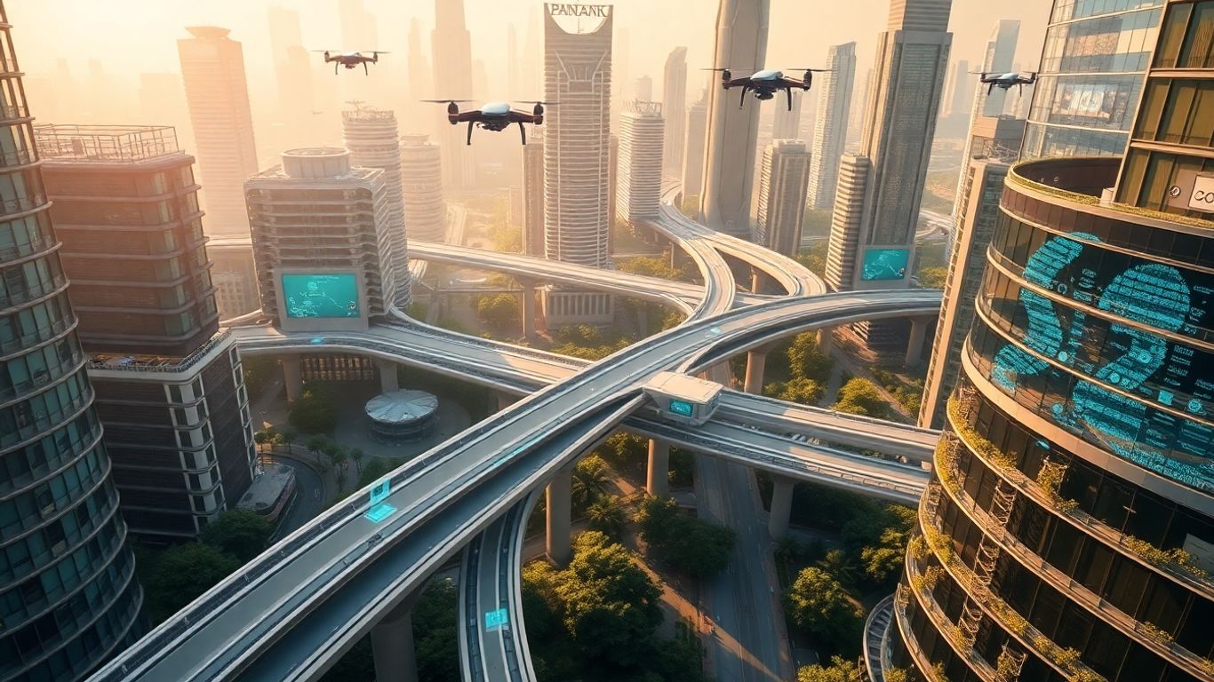 Futuristic city with advanced travel technology.