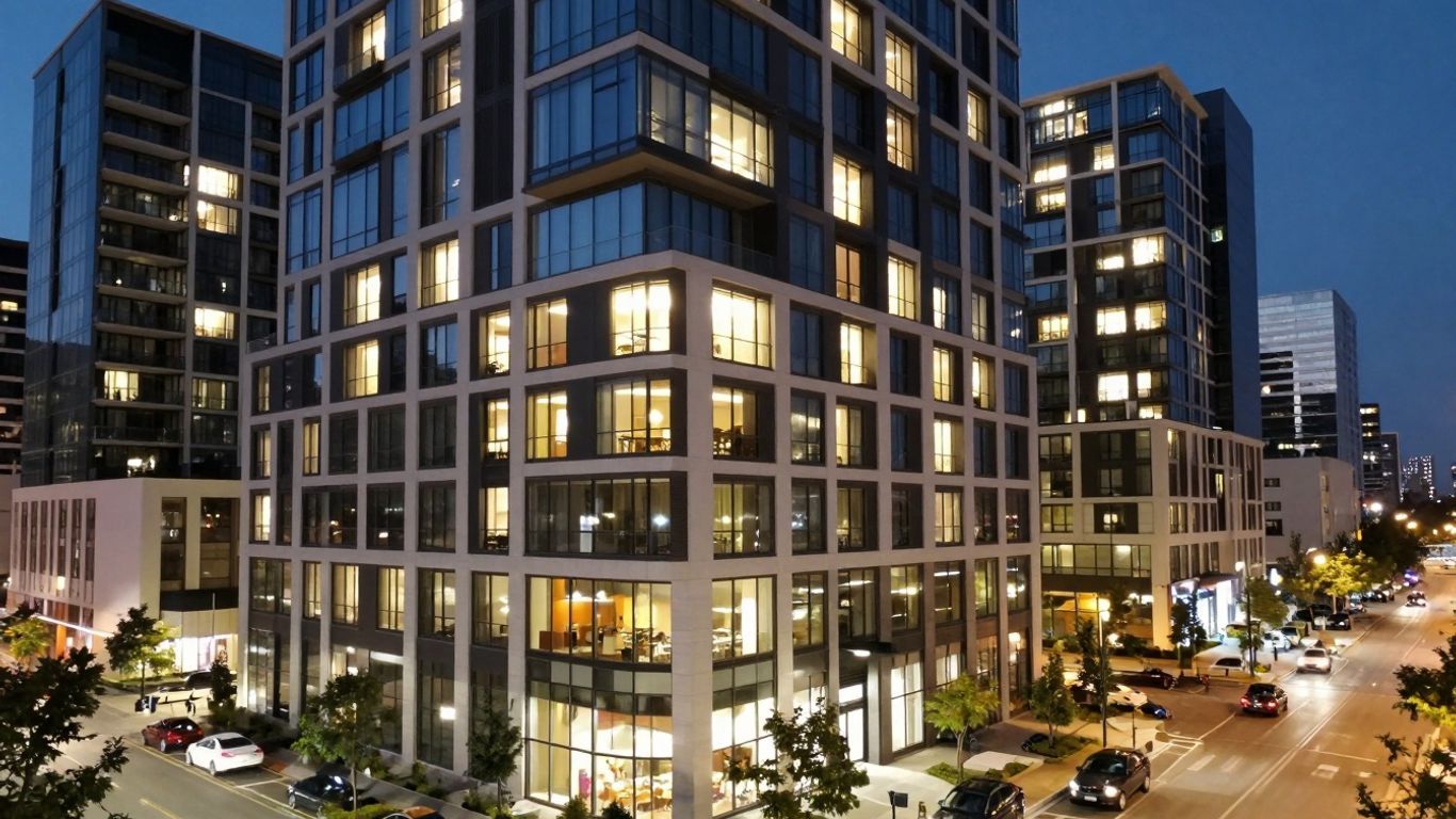 Modern apartment building in a city skyline.