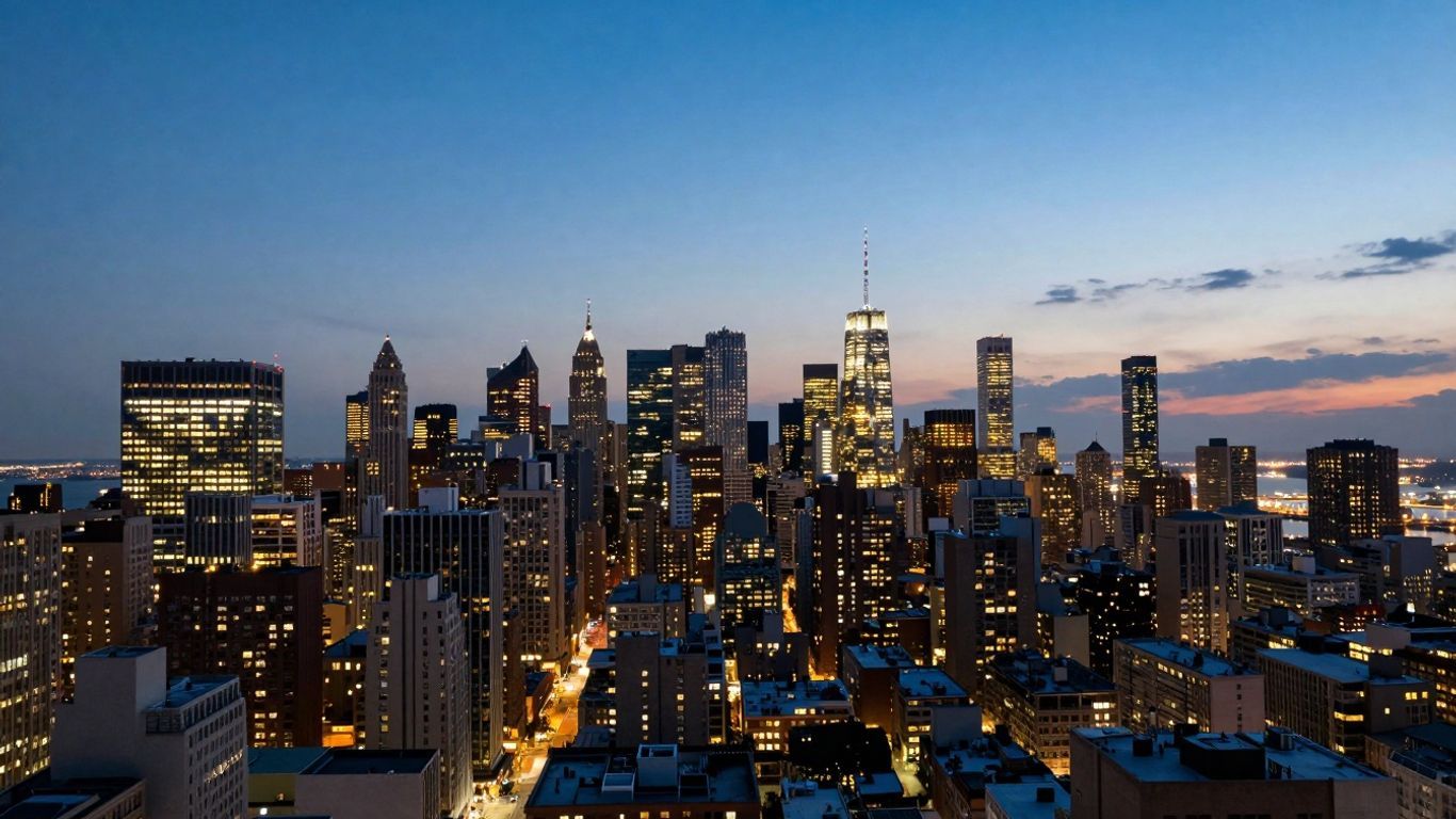 Vast cityscape at dusk with illuminated skyscrapers.