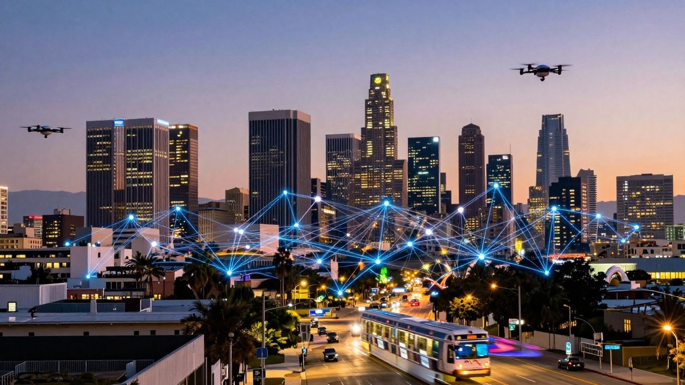 Los Angeles cityscape with digital network connections.