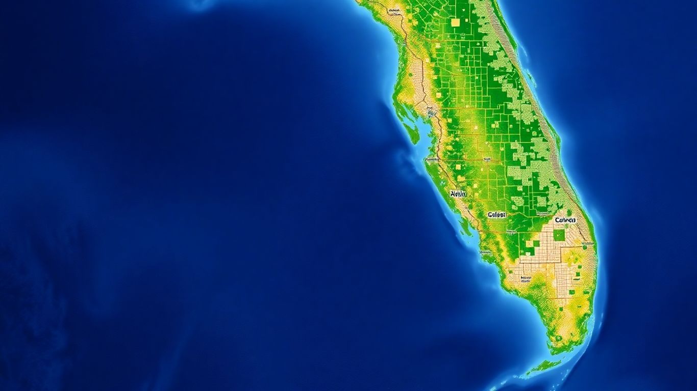 Photographic Florida map with cities, satellite, topography view.