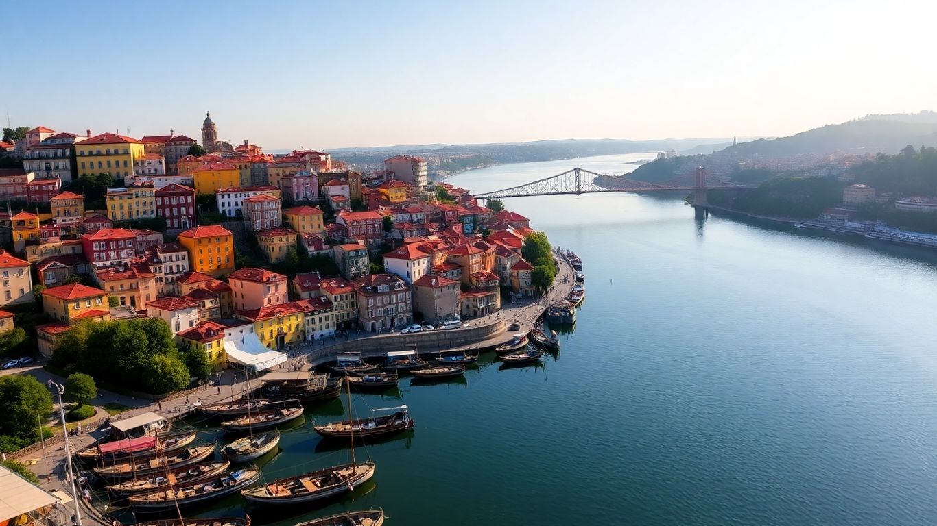 Porto, Portugal cityscape with colorful buildings and Douro River.