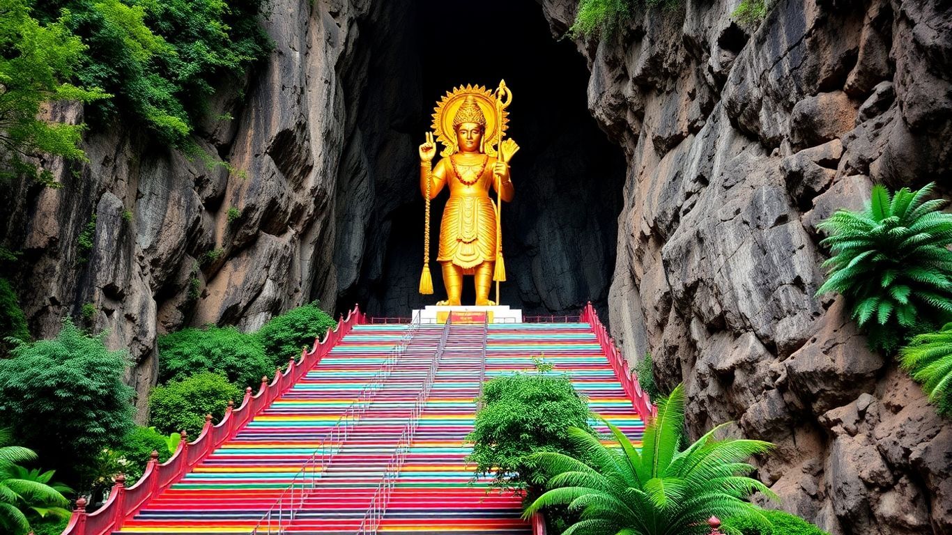 Golden statue and colorful steps at Batu Caves entrance.