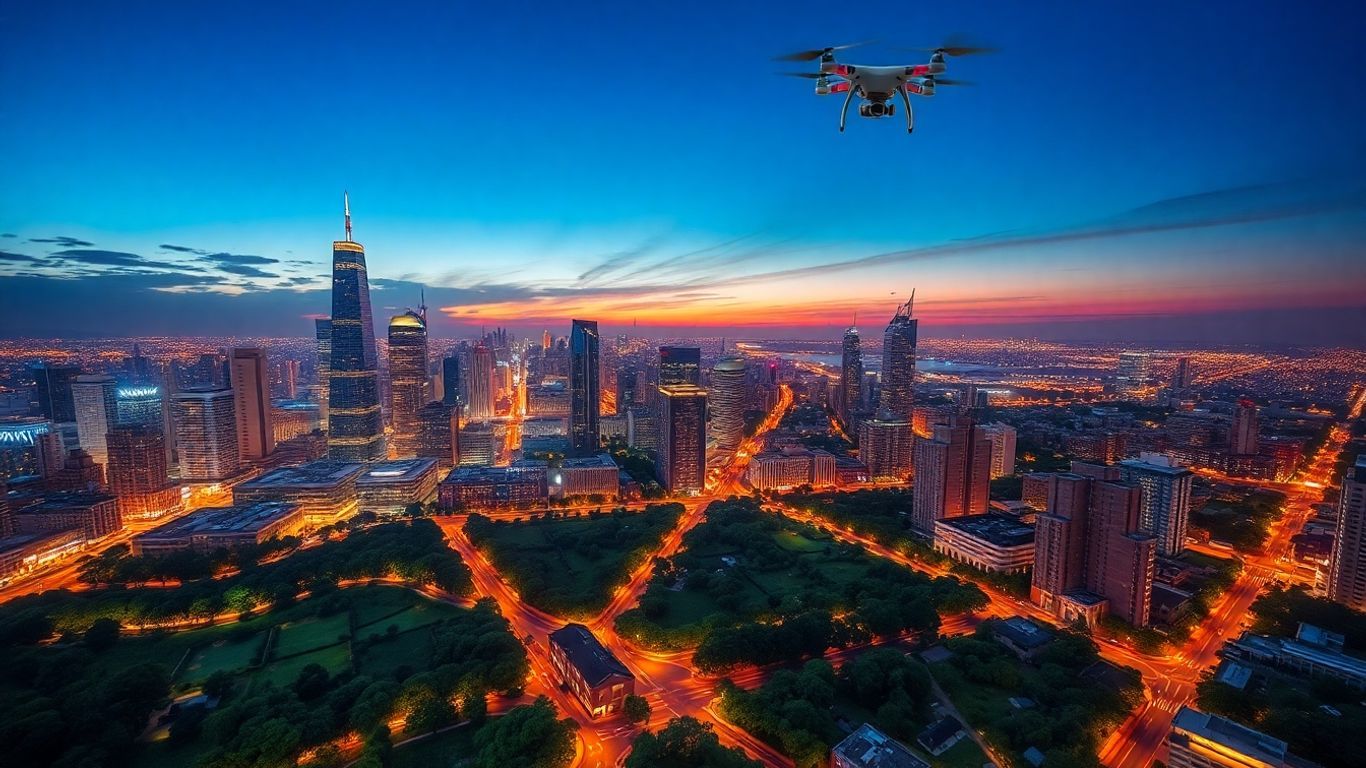 Sustainable city skyline with green spaces and technology.