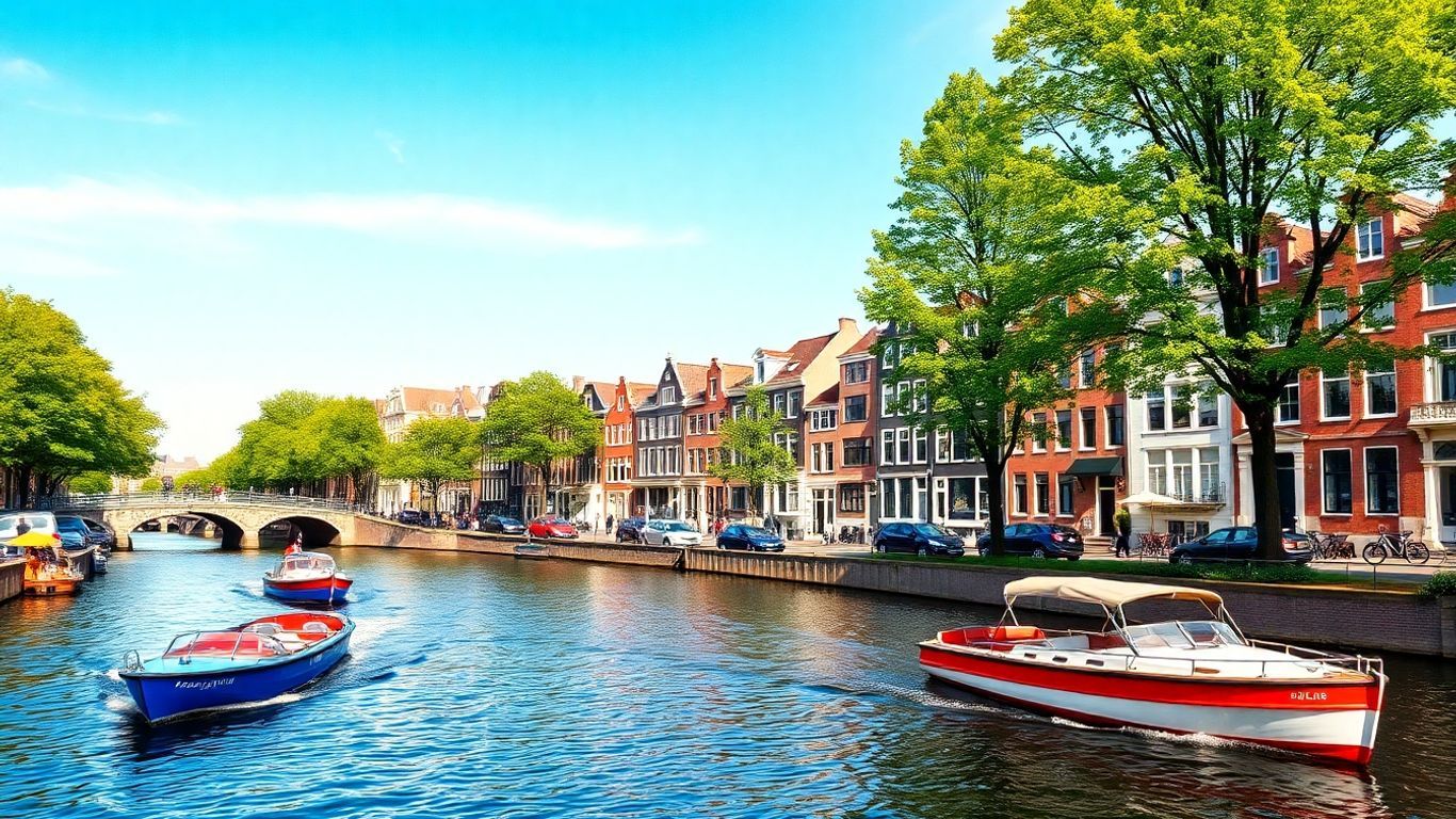 Amsterdam canal scene with houses and boats.