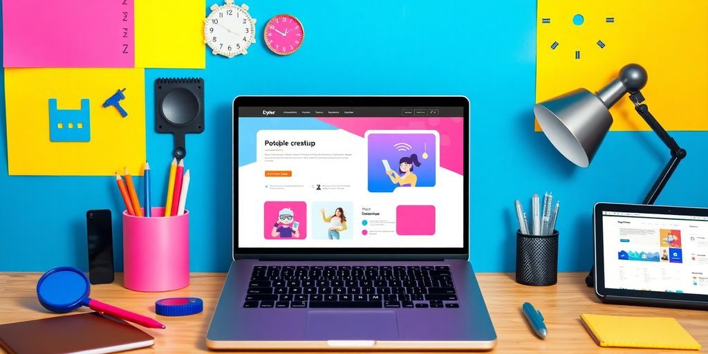 Modern web design tools and colorful interface mockups.