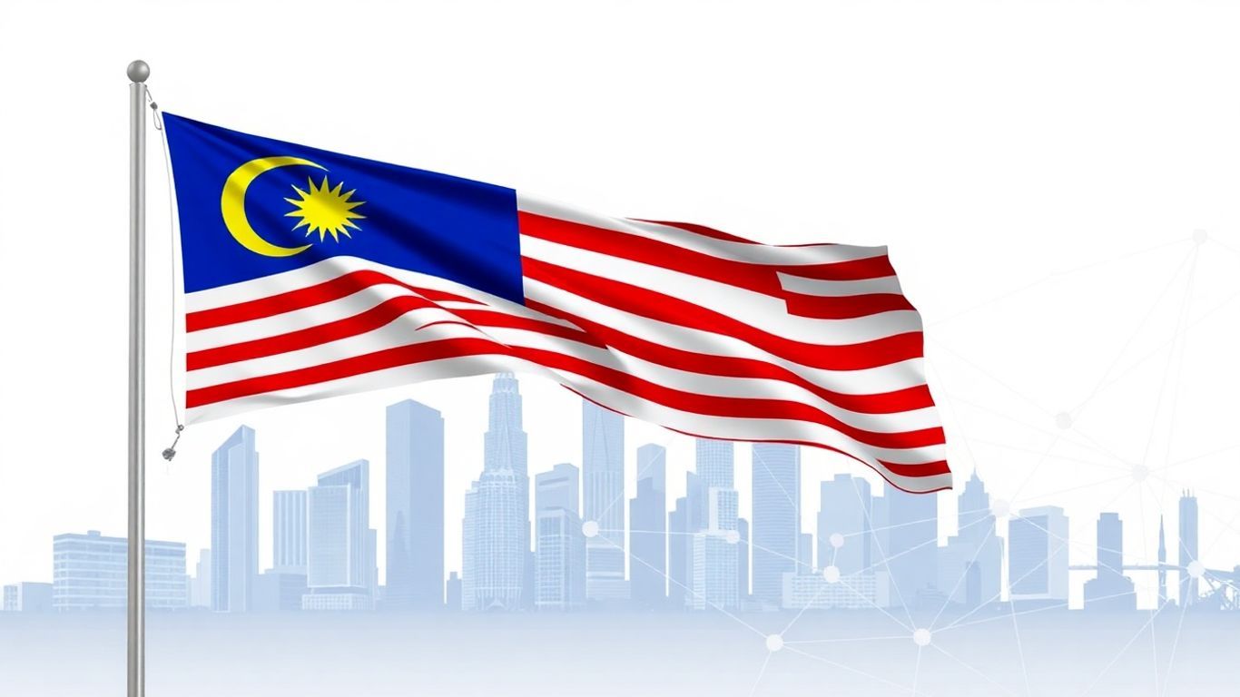 Malaysian flag and modern cityscape with trade line overlay.