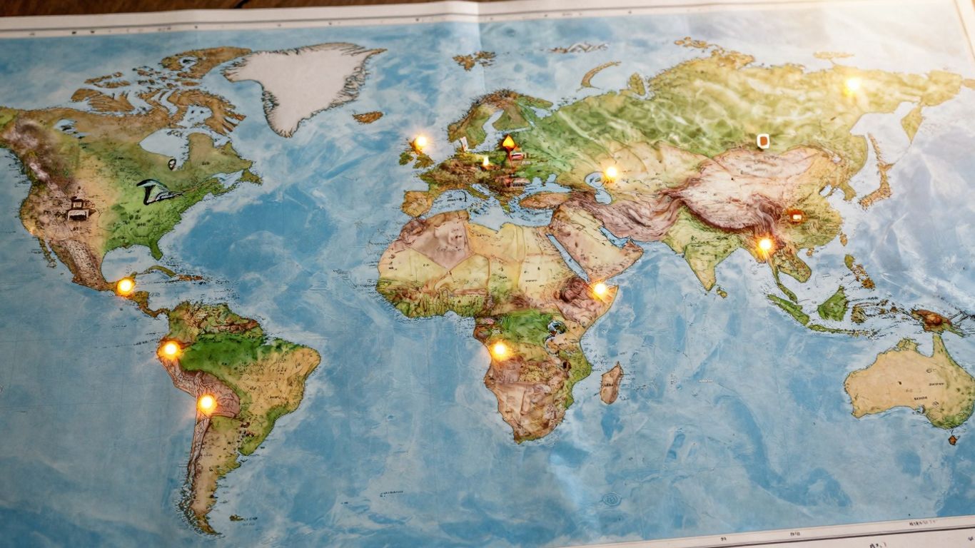 World map with cities highlighted.