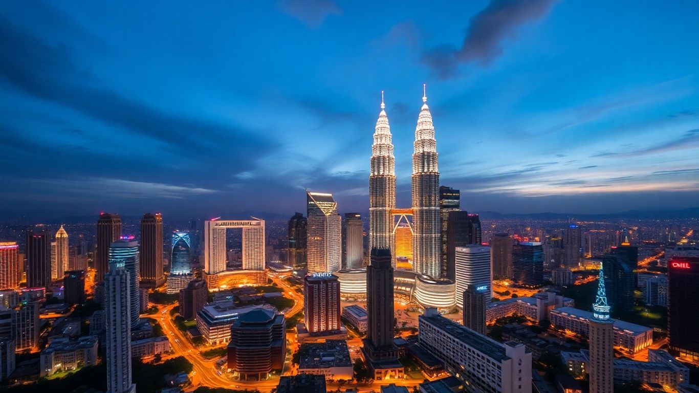Kuala Lumpur cityscape with Petronas Twin Towers at dusk.