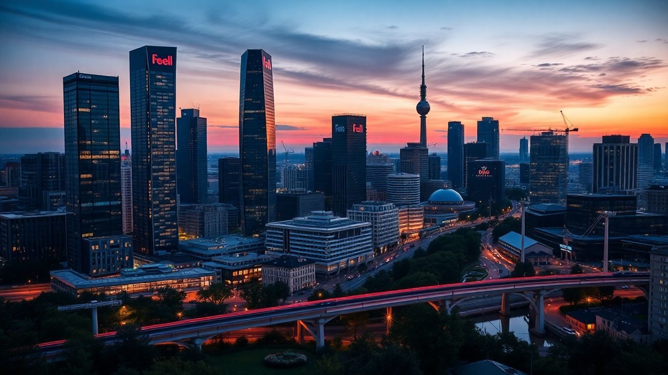 Berlin cityscape with modern architecture and transport at dusk.