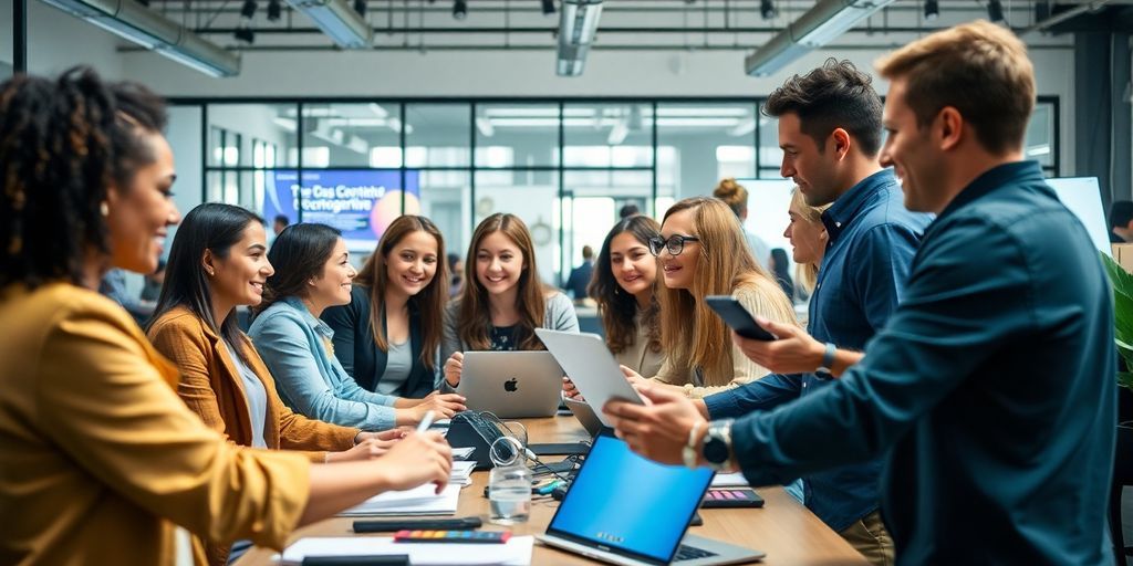 Diverse team collaborating in a vibrant workspace.