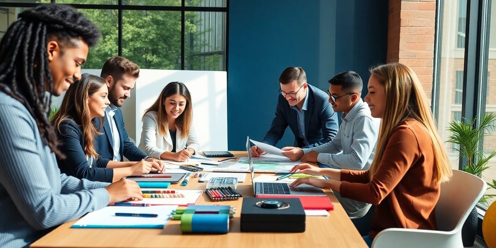 Diverse team collaborating on innovation strategies in a modern office.