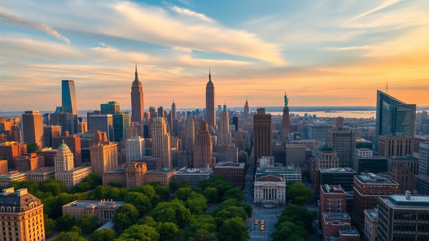 New York City skyline with Statue of Liberty at sunset.
