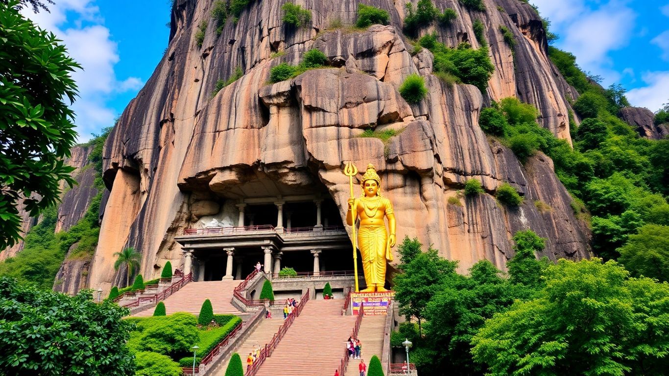 Batu Caves with golden statue and steep stairs.