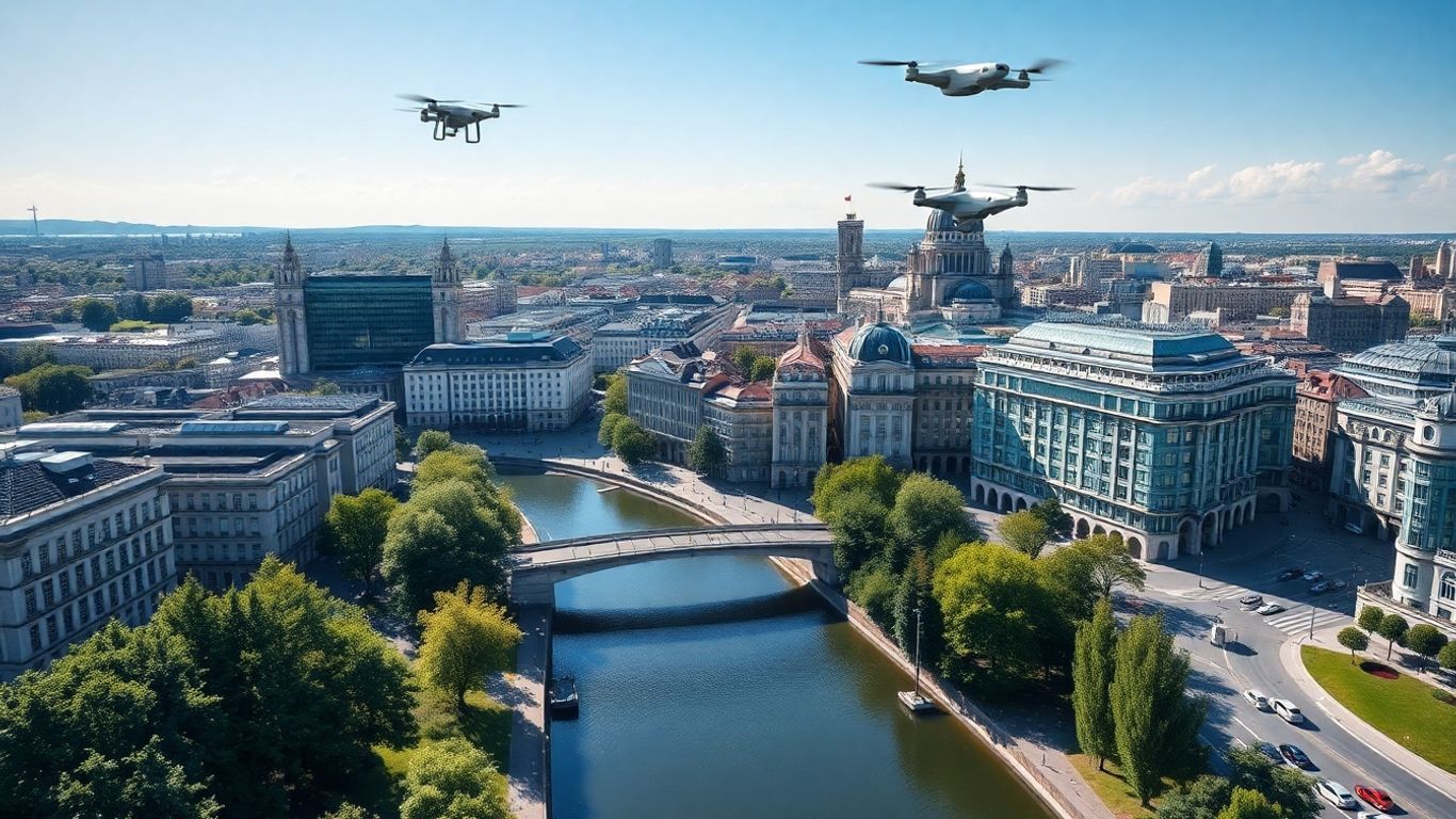 Vienna cityscape with modern architecture and green spaces.
