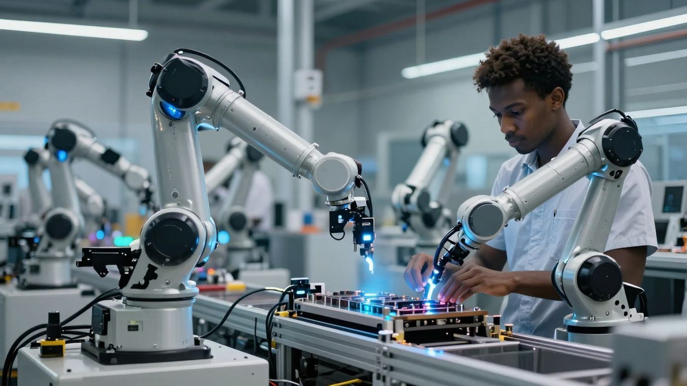 Robotic arms in a futuristic smart factory assembly line.