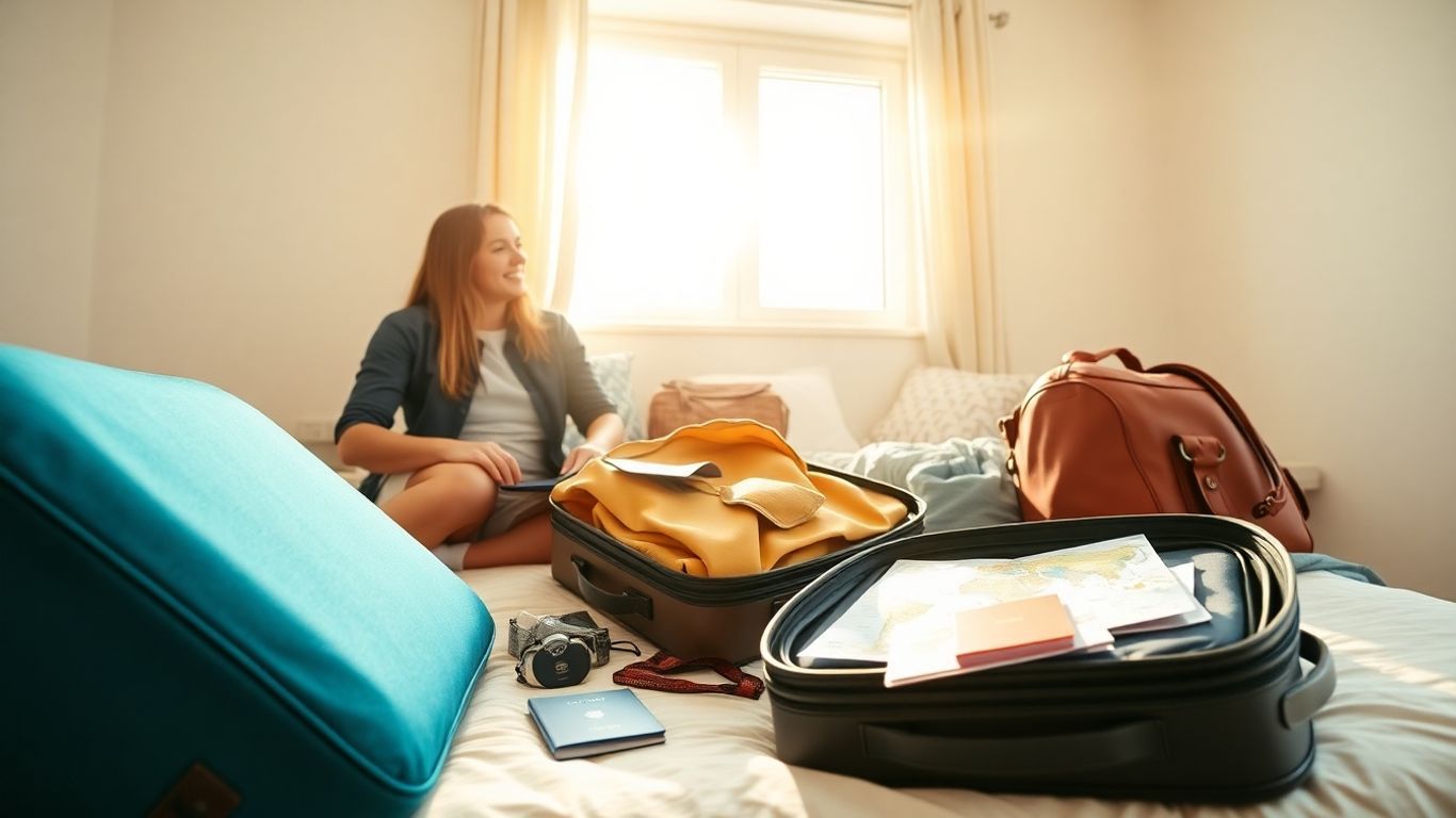 Couple packing suitcases for a holiday adventure.