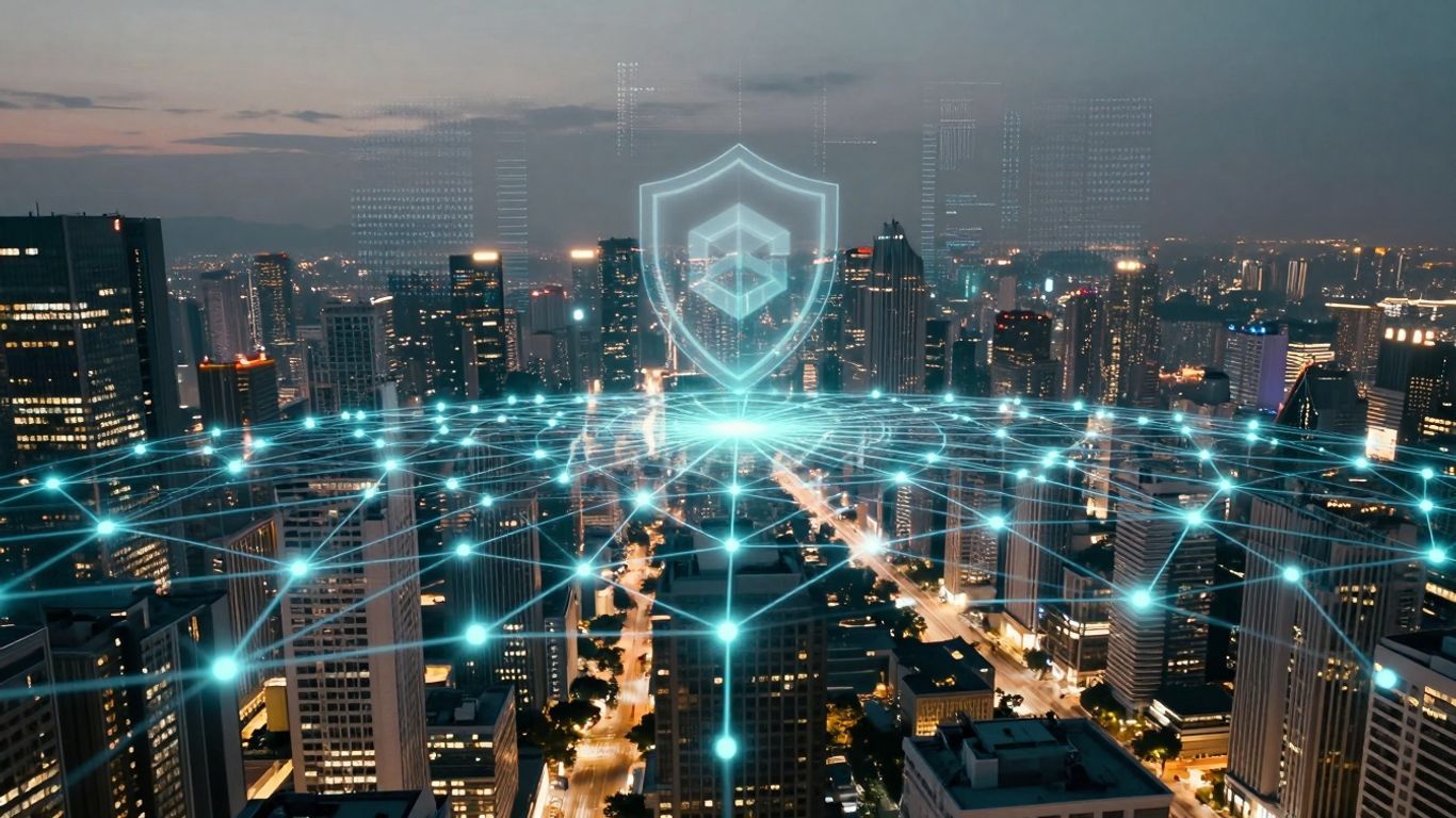 Smart grid cityscape with digital energy lines and protective shield.