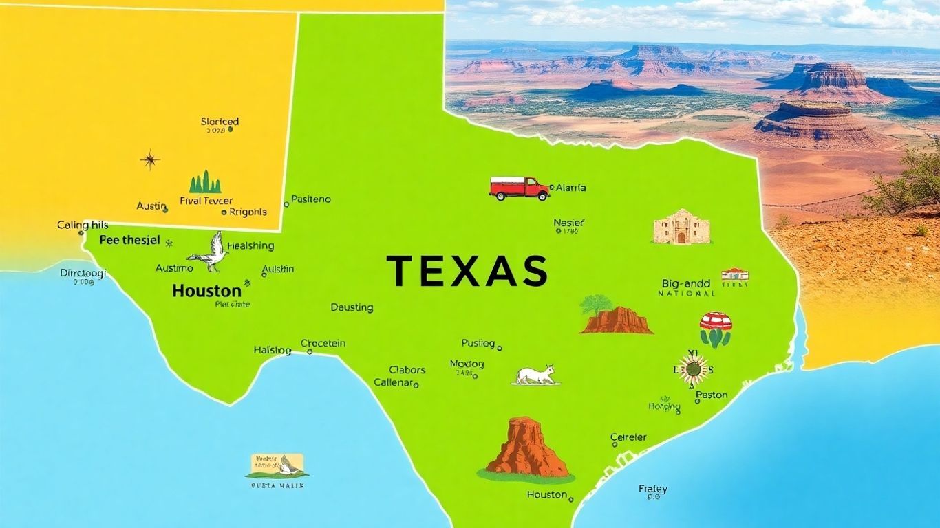 Map of Texas with cities and landmarks