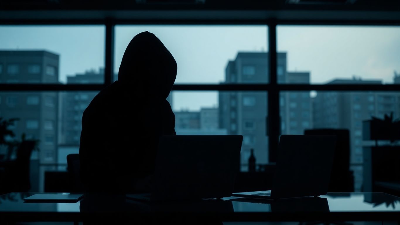 Person in hoodie working quietly in a dark office