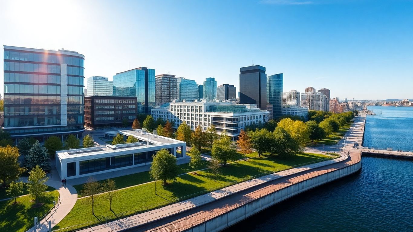 Helsinki cityscape with modern architecture and waterfront.