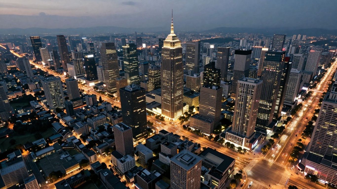 Sprawling cityscape at dusk with illuminated skyscrapers and highways.