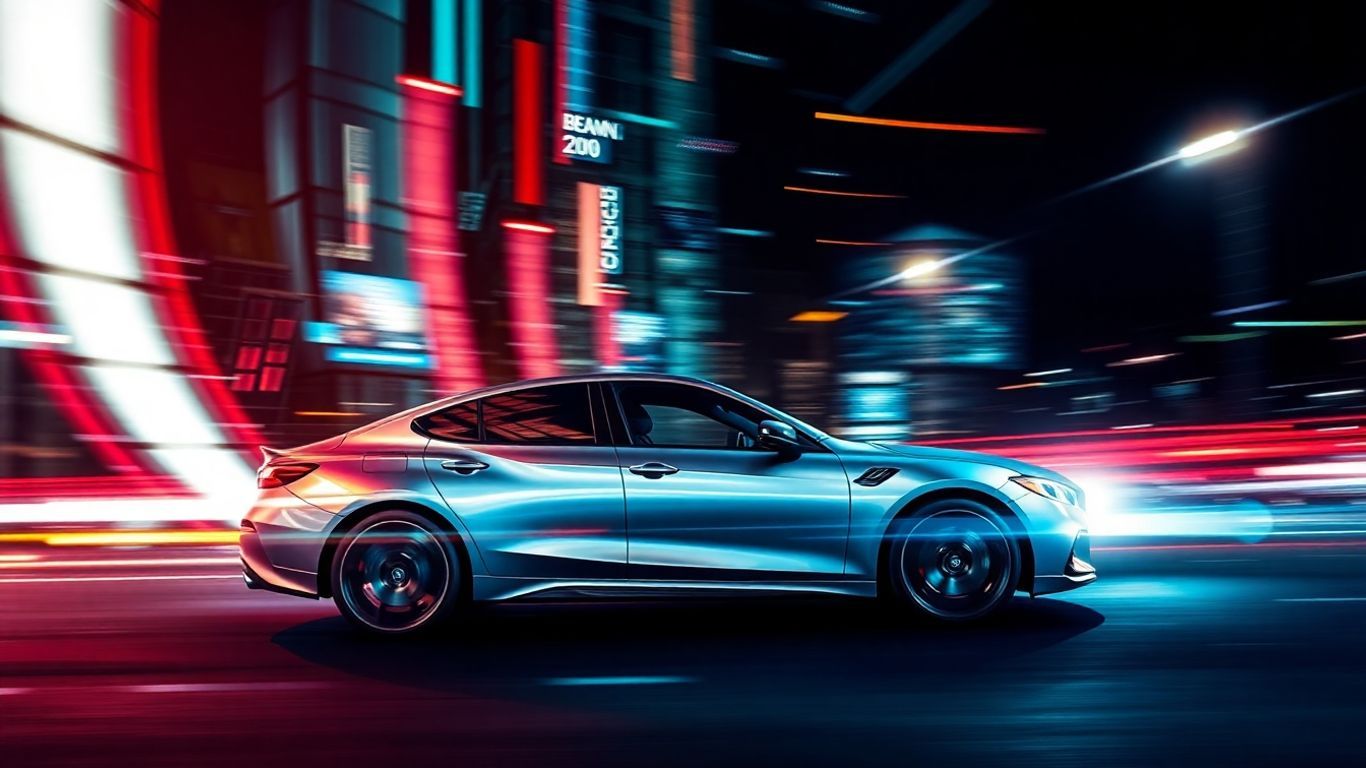 Modern car with digital elements, breaking news theme.