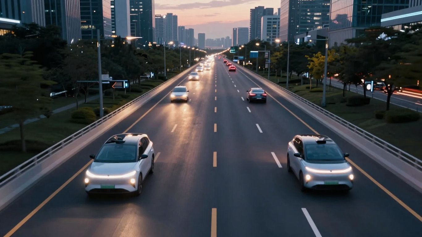 Futuristic smart highway with autonomous vehicles.