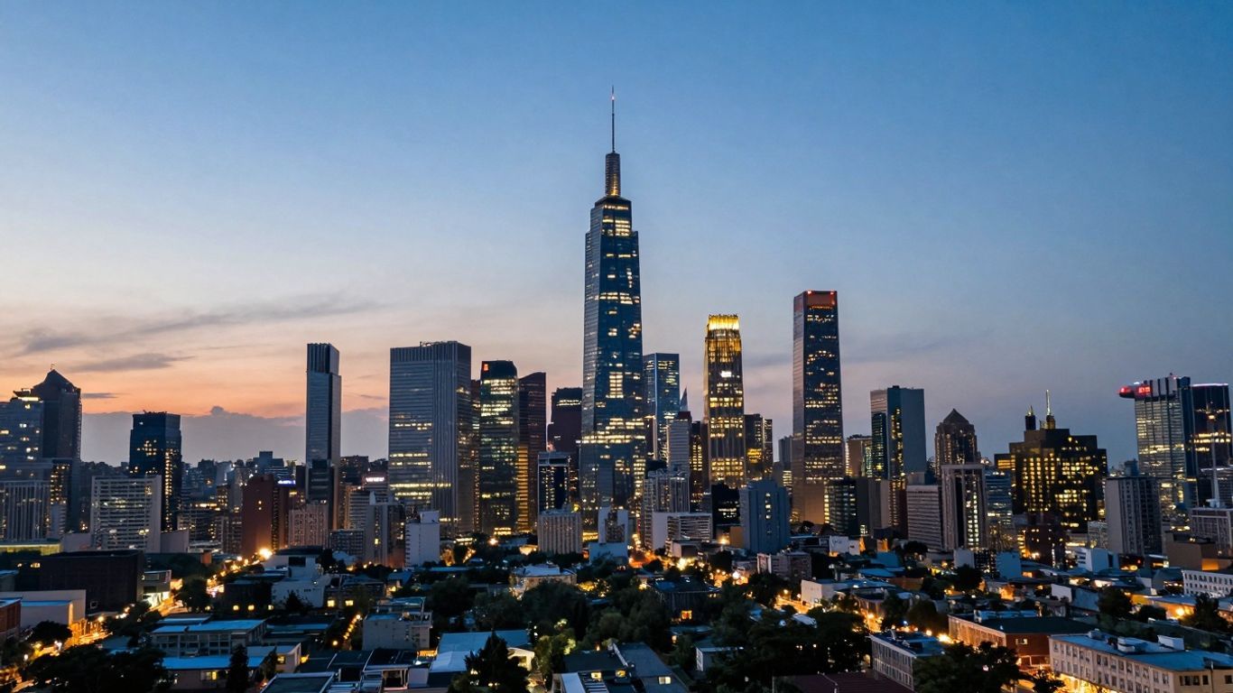 Sprawling cityscape with illuminated skyscrapers at dusk.