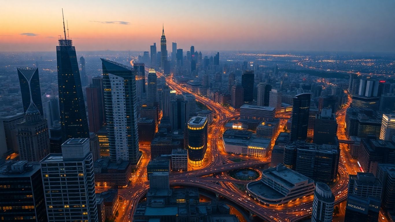 Cityscape with skyscrapers and roads at dusk.