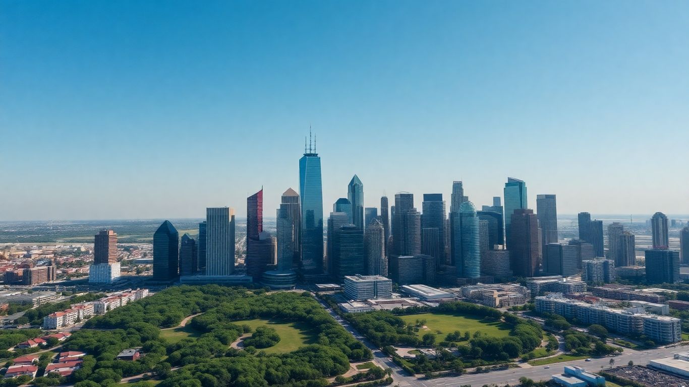 Photographic aerial Houston skyline and surrounding urban landscape