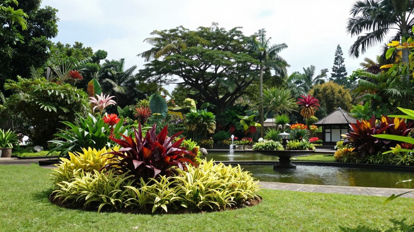 Lush Malaysian gardens with vibrant flowers and greenery.