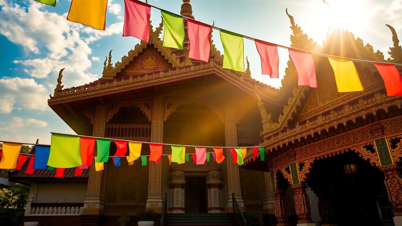 Serene Buddhist temple with colorful prayer flags.