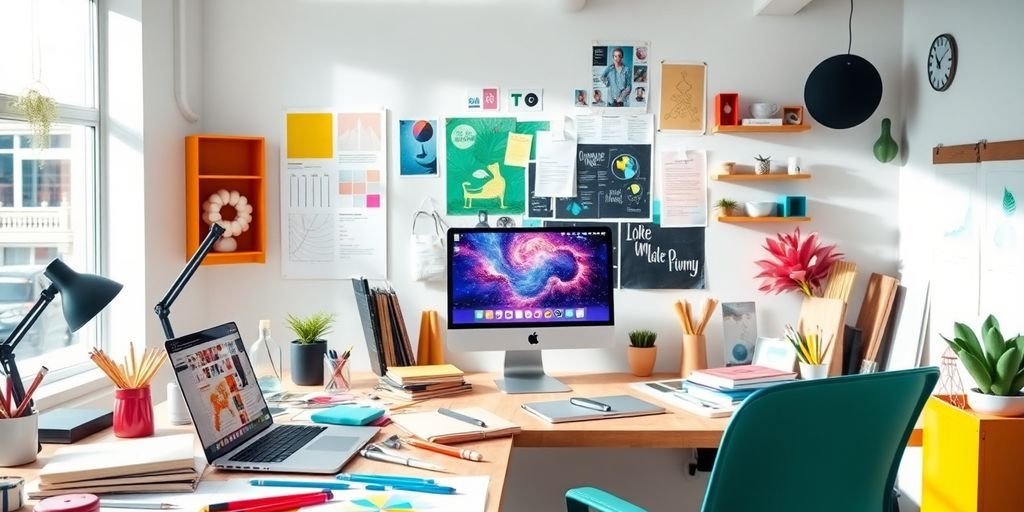 Modern workspace with creative tools for web design.